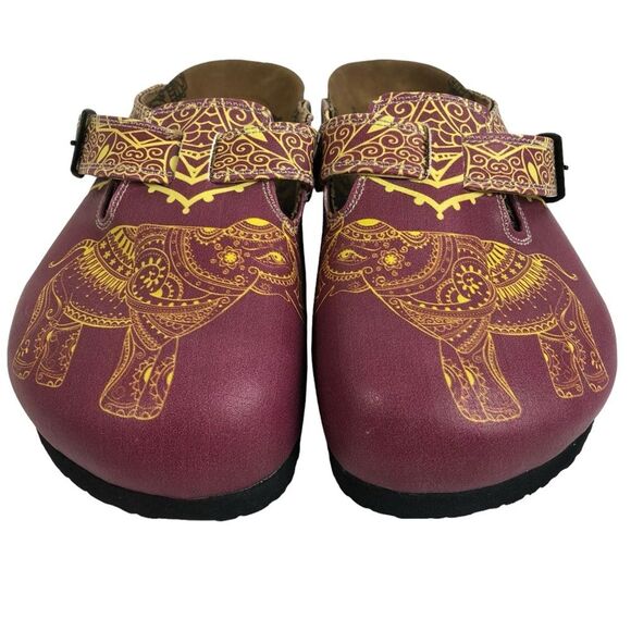 Calceo Mosaic Patterned Purple/Pink/Yellow Elephant Buckle Strap Clogs Sz 37 - Picture 2 of 8
